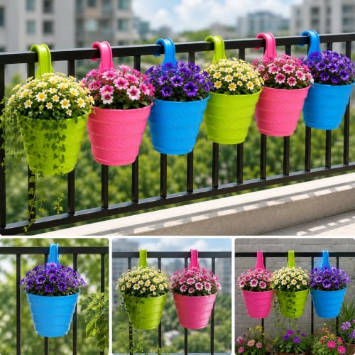 MDN Hanging Planters Set of 6, Multicolor Hooked Pots for Balcony