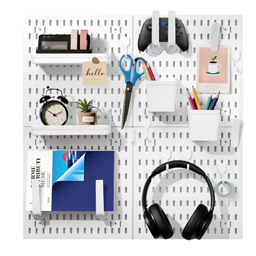 white pegboard wall organizer - skadis peg board panels for desk and wall control - durable pegboard (White, 22″×22″)