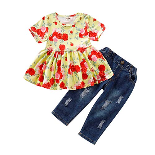 0-3 Años,SO-buts Tops De Estampado Floral De Manga Corta Para Niñas Pequeñas Y Bebés + Conjunto De Pantalones Vaqueros De Mezclilla, Conjuntos De Niña (Amarillo,18-24 meses)