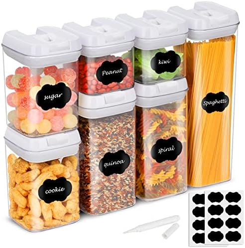 7 PC Food Storage Container Set White with Labels & Marker, Kitchen & Pantry Clear Plastic Organization Canisters with Durable Lids,Ideal for Flour, Cereal, Spaghetti, Pasta & More