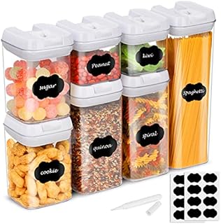 7 PC Food Storage Container Set White with Labels & Marker, Kitchen & Pantry Clear Plastic Organization Canisters with Durable Lids,Ideal for Flour, Cereal, Spaghetti, Pasta & More