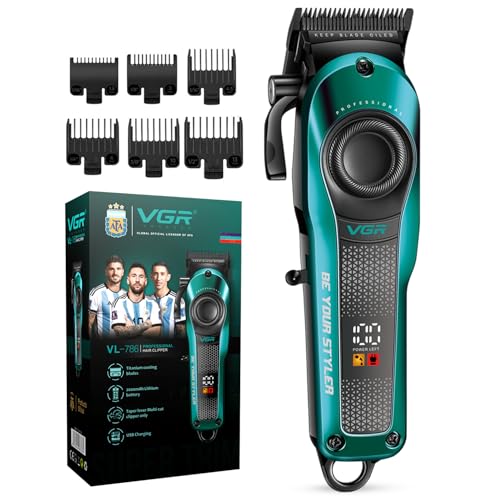 VGR VL-786 Professional Hair Clipper for Men & Salons | Cord & Cordless | Titanium Blades | LED Display | Taper Lever | 6 Guide Combs | 200 min Long Runtime | Fast Charging | 1+1 Year Warranty | Green