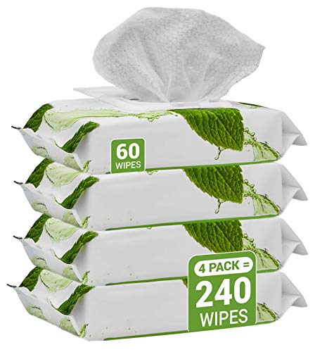 Herb & Luxe Face Wipes, Flip-Top Makeup Remover Facial Cleansing Wipes with Aloe Vera for Sensitive, Oily, dry Skin, Face/Hands/Body, Women/Men, 60 Count, Mint (Pack of 4 = 240 Wipes)