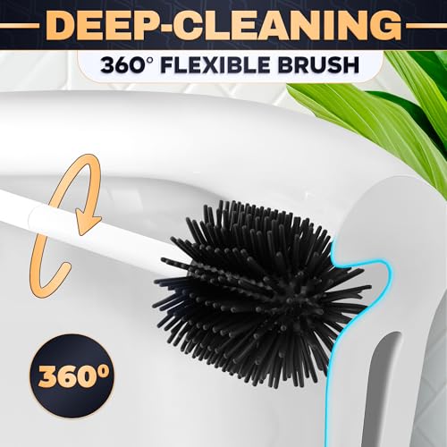 Image of Toilet Brush and Holder Set - Silicone Toilet Bowl Brush with White Holder Base, Compact Bath Accessory for Small Spaces - Easy to Place and Simple to Store After Use, Plastic Bathroom Cleaning Tool