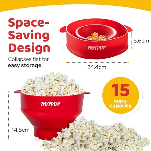 The Orginal HotPop Silicone Popcorn Maker - Microwave Popcorn Popper with Handles - Collapsible Bowl, Heat-Resistant, Easy to Clean, Ideal for Family Movie Nights, 15-Cup Capacity - Red