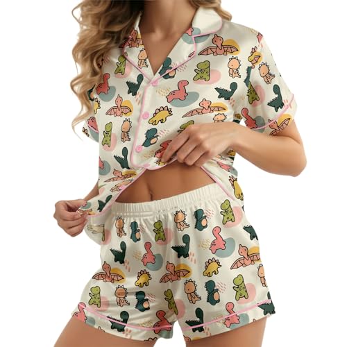 Image of HUNTFAMI Womens Soft Silky Satin Pajamas Set, 2 Pcs Sleep Short Pajamas for Mom and Grandma Button Down Summer Loungewear