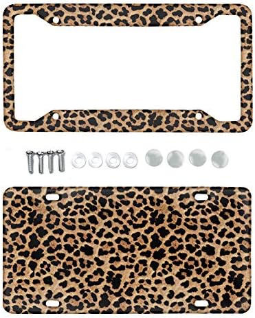 Jiueut Brown Leopard Animal Print Aluminum Metal License Plate Cover and Car License Plate,Wild Cheetah Car Exterior Accessory,2pcs,Durable
