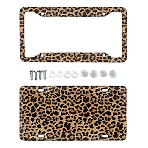 Jiueut Brown Leopard Animal Print Aluminum Metal License Plate Cover And Car License Plate,Wild Cheetah Car Exterior Accessory,2Pcs,Durable #TOP2