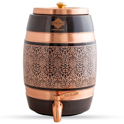 Image of Indian Art Villa Copper Antique Finish Barrel Shaped Water Dispenser with Floral Engraved Design & Brass Tap - 5 Liters, Handcrafted Drinkware & Serveware for Home, Office, and Gifting