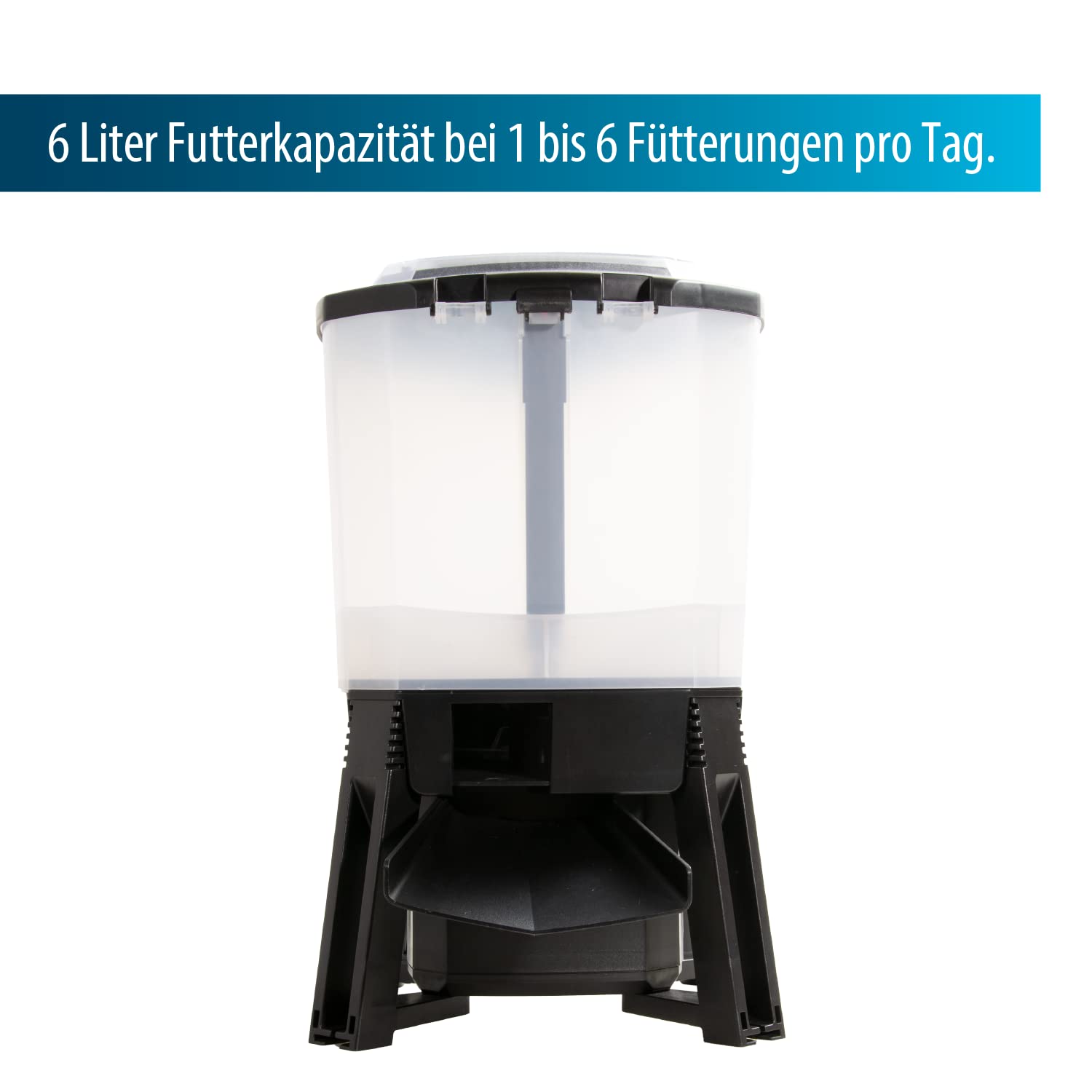 AquaForte Podajnik wędkarski 6 litrów solarny, 1-6 karmienia/dzień, czas karmienia do 20 s, rozmiar pelletu 3-10 mm, zakres wyrzutu ± 1, 2 lub 3 m, kąt dystrybucji: 120° poziomo, w zestawie panel