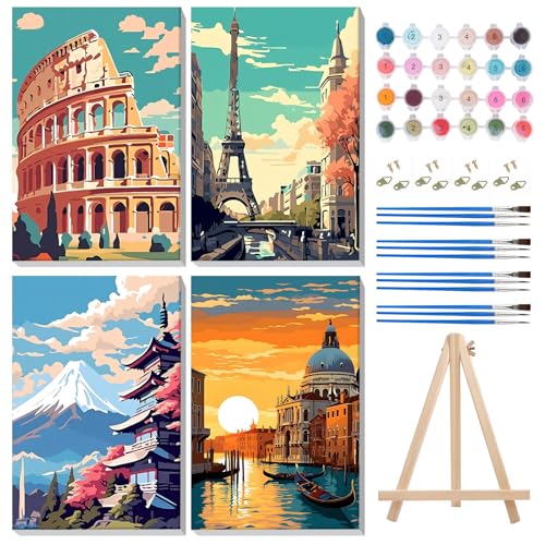 MISCER 4 Pack Paisaje Pintar con Numeros con Marco, Pintura Pintar por Numeros Adultos Niños,Pintura DIY en Acrílico u Óleo, Adecuada para Decoración del Hogar 20X30cm
