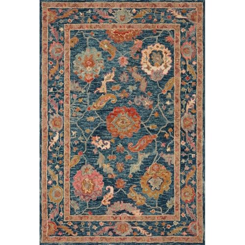 Image of Hand-Tufted Wool Carpet for Living Room 6x8 feet Blue Traditional Design Anti-Skid High Pile Thick Carpet & Rugs for Bedroom & Hall