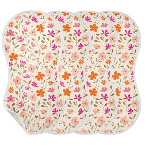Small Flowers Foliage Pattern Pink Orange Light Beige Cotton Soft Burp Cloths Easy Care Milk Spit Up Cloth for Babies boy and Girl Set of 2, 22x11in3
