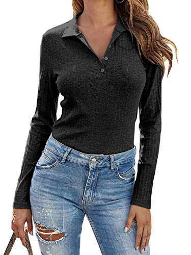Dellytop Womens Striped Ribbed Knit Button Down Collared Shirt Regular Fit Long Sleeve Top Tee Black