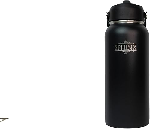 Miniatura 2 de Sphinx Botella de agua (negro, 32 onzas), 3 tapas con popote y asa a prueba de fugas para gimnasio, escuela, viajes, hombres, mujeres, niños, doble