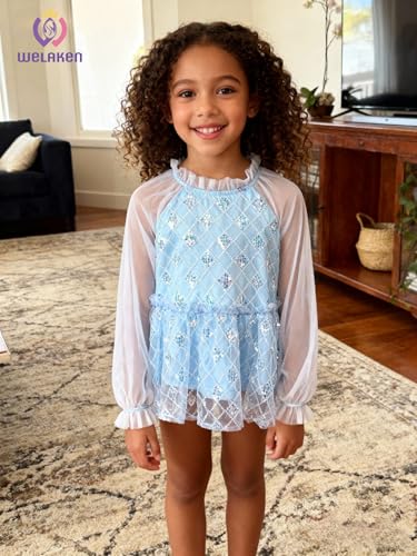 Image of Girl Sequin Mesh Bloues Sparkle Ruffle Collar Long Sleeve Shirts Tops,5-12 Years