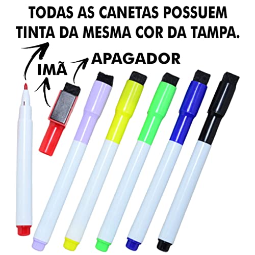 6 Canetas Coloridas para Quadro Branco com Apagador e Imã 13cm Cor:Colorido