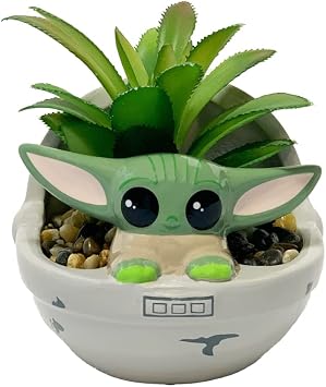 RALME Mandalorian Baby Yoda Faux Succulent in Ceramic Planter Pot, 4 Inches