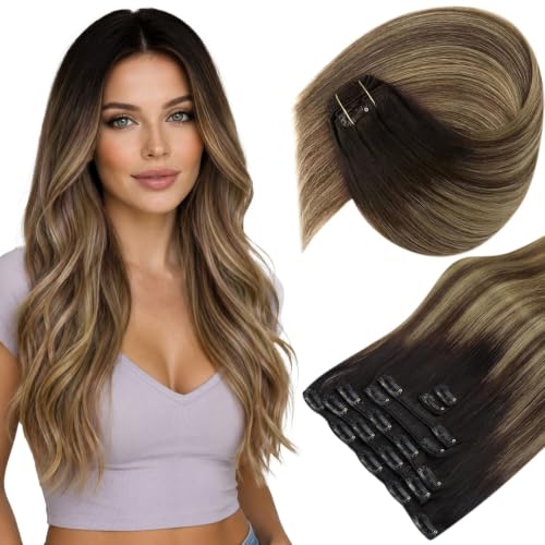 Image of Sunny Hair Clip in Hair Extensions Real Human Hair Natural Black Blonde | Human Hair Extensions Clip Ins Black Balayage Brown Mix Blonde 16 Inch, Natural Volume, Comfortable Wear for Daily Wear 120g