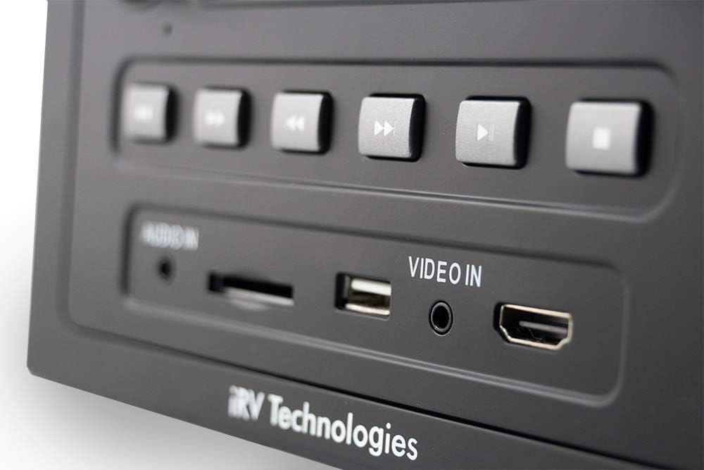 Z bliska view of the front input ports on the iRV66 unit, including Audio In, SD card slot, USB port, Video In, and HDMI In.