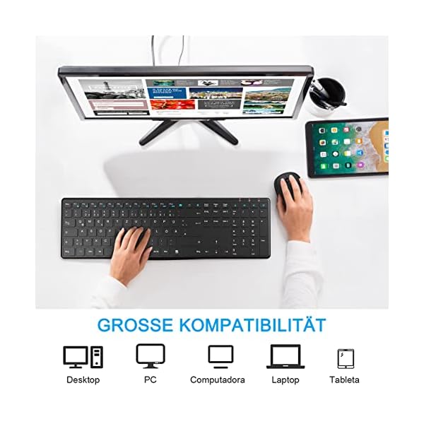 Tastatur Maus Set Kabellos, 2,4GHz Ultra Dünn Silent Ergonomic Tastatur und Maus Kabellos mit 19 Multimedia Shortcuts… – Bild 8