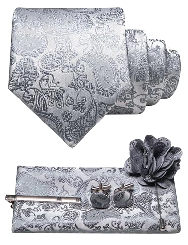 JEMYGINS Paisley-slips för män med näsduk slipsklämma blombrosch och manschettknappar set, silver, M