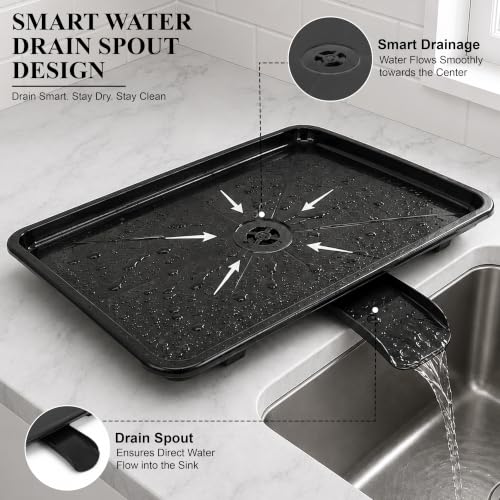 Image of JD FRESH Dish Drainer Tray with Water Drain Spout /BPA-Free Plastic Utensil Drying Tray /Countertop Kitchen Sink Organizer with Wheels /Multipurpose Drying Stand for Kitchen (12 x 17 Inch, Black)