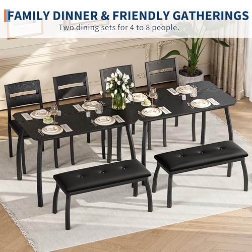 GAOMON Dining Table Set for 4, Wooden Kitchen Table with Upholstered Bench & 2 Cushion Chairs, Space-Saving Dinette Set for Studio, Kitchen, Dining Room, Apartment(43''x28''x30''), Black