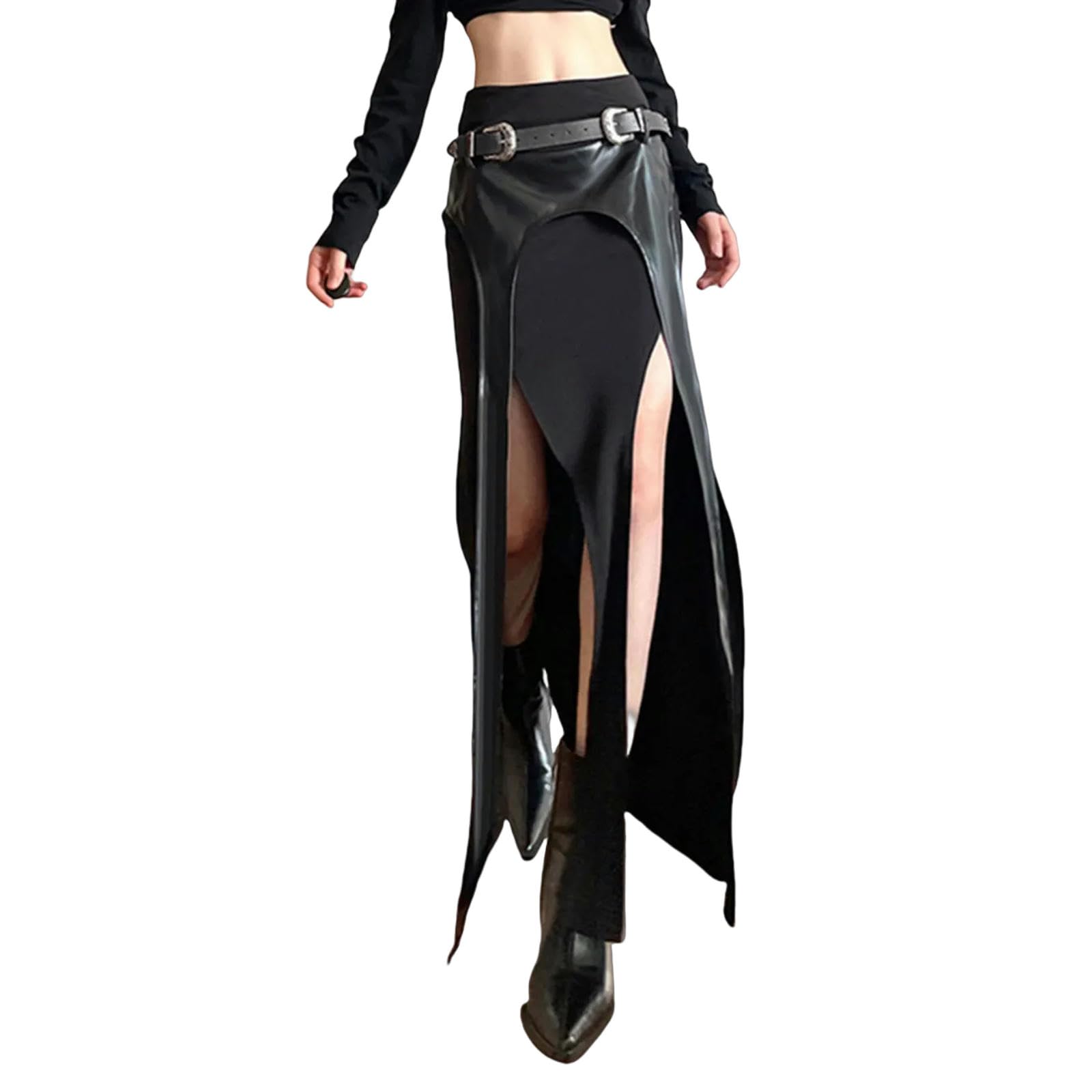 Gonna Lunga Donna Gonna Mini Midi Gotica in Poliestere di Cotone per Donne con Gonna Punk Pieghetta Pizzo Pizzo Diviso per-Nero-s