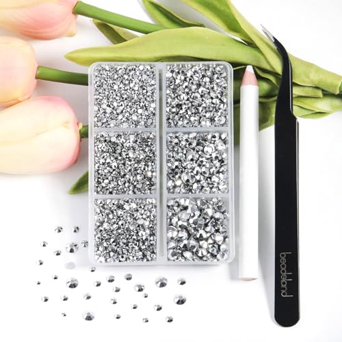 Image of Beadsland 4300pcs Flatback Rhinestones,Silver Rhinestone Nail Gems Round Crystal Rhinestones for Crafts,Mixed 6 Sizes with Picking Tweezers and Wax Pencil Kit, SS6-SS20,Silver Hematite
