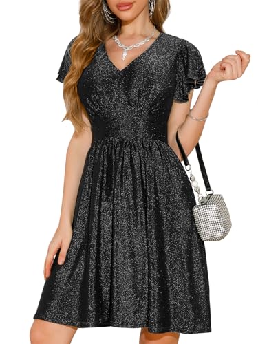 Image of oten Womens 2025 V Neck Ruffle Sleeve Sparkly Glitter Empire Waist Flared A Line Swing Cocktail Party Dress