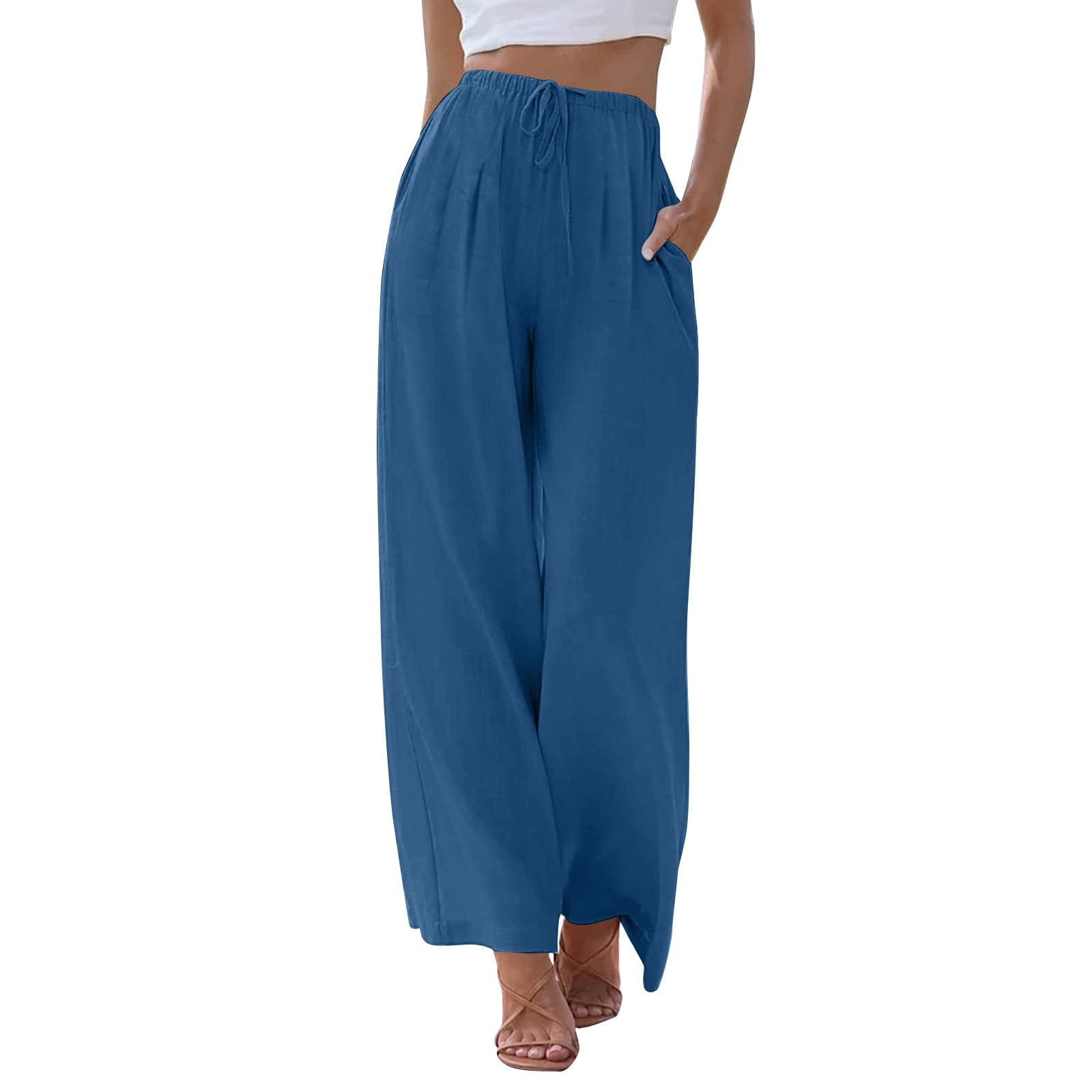Womens Wide Leg Pants Linen Cute Boho Flowy Elastic Waist Pull On Palazzo Pants with Pockets Lightweight Summer Comfortable Drawstring Wrap Long Pajama Pant Bottoms Bohemian Clothes