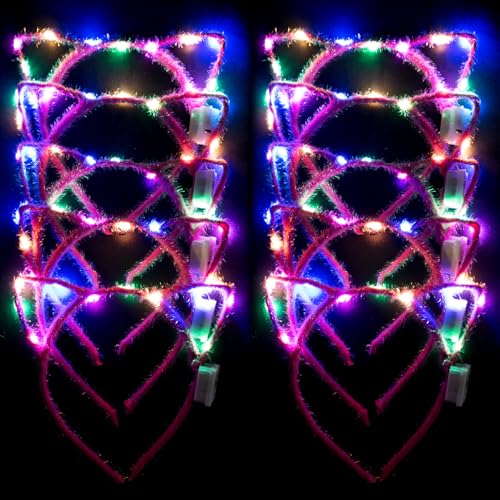 Jeffan 10 PCS Light Up Cat Ears Headband LED Cute Cat Head Accessories for Women and Men Bar Party Supplies