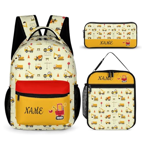 Custom Cartoon Excavator Car Kids Backpack for Girls Boys Personalized Add Your Name 3Pcs School Bag with Lunch Bag Pencil Bag Customization Bookbag Set