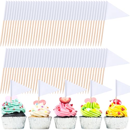 Cunhill 500 Pcs Solid Toothpick Flags Small Triangle Toothpick Stick Flag Blank Toothpick Flags Golf Flag Toothpicks for Cupcake, Appetizers, Party Buffet, Food, Fruit, Party Decoration (White)