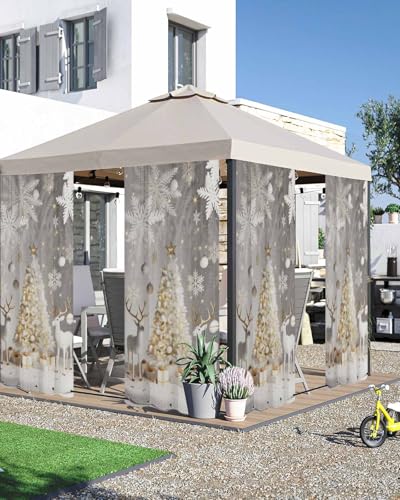 Gold Christmas Trees Elk Outdoor Curtains for Patio Waterproof, Xmas
