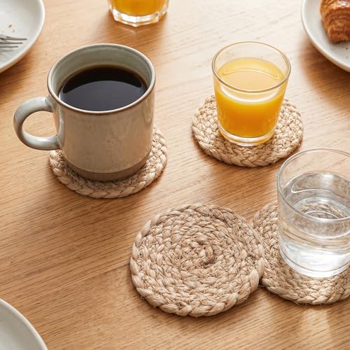 Image of Encasa XO Drink Coasters Set of 6 | Jute Natural Bleach Color with Round Size 9 cm | Handcrafted Style Jute | Absorbent & Heat-Resistant | Use for Tea, Coffee Table & Desk