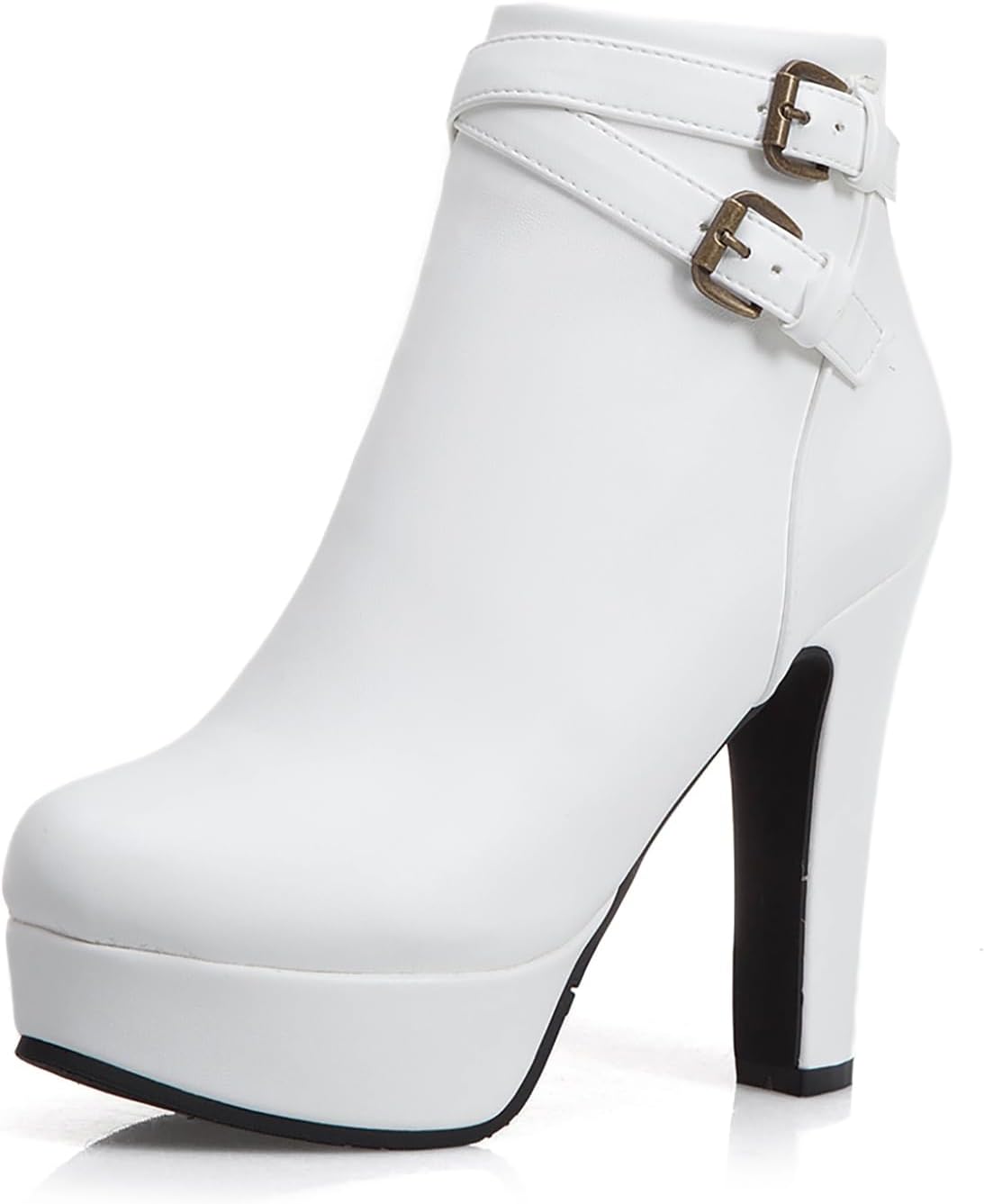 ForeMode Women's Goth Leather Block Heel Ankle Boots Fashion Studded Ankle Strap Trim Punk Boots