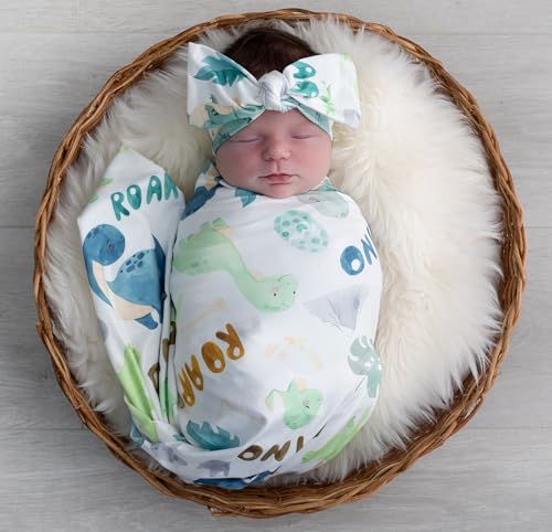 Image of Newborn Swaddle Sets with Headband Beanie and a Name Card Baby Snug Wrap Receiving Blanket for Baby Boys Girls (Green Dinosaur)