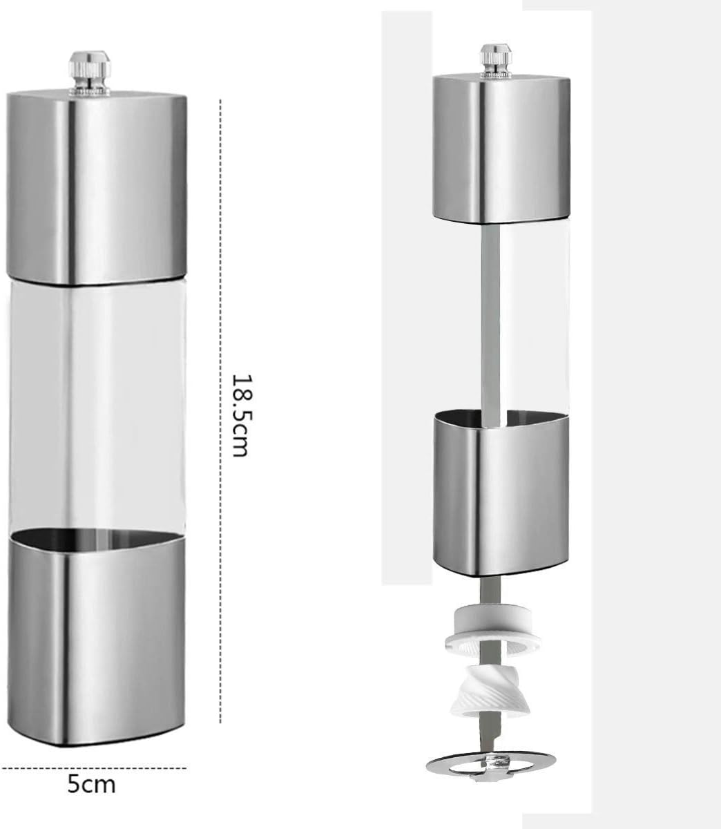 Salt and Pepper Mill Set, Stainless Steel and Acrylic Modern Shakers with Adjustable Ceramic Core, Salt Grinder and Pepper Mill for Kitchen,18.5Cm,2