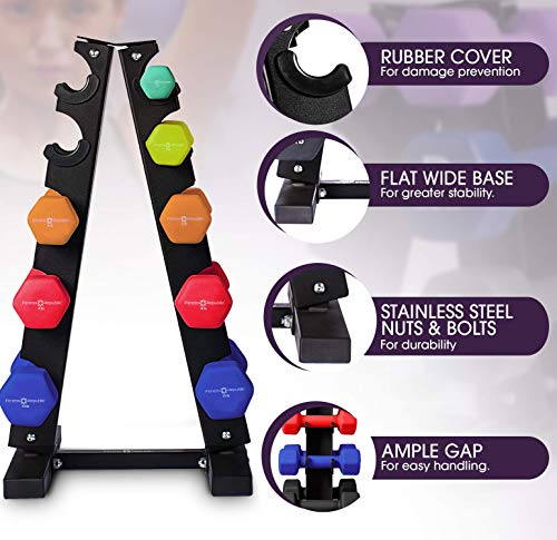 Fitness Republic Solid Steel Dumbbell Rack Holder, A-Frame Dumbbell Storage Racks, Dumbbells Tower For Home Gym Exercise, Neoprene Dumbbells Pairs (3Lb, 5Lb, 8Lb, 10Lb, 12Lb) With 5 Tier Rack Combo #TOP4