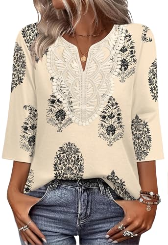 Image of WIHOLL 3 /4 Length Sleeve Womens Tops Boho V Neck Lace Shirt Trendy Blouses Dressy Casual Vacation Clothes S-3XL