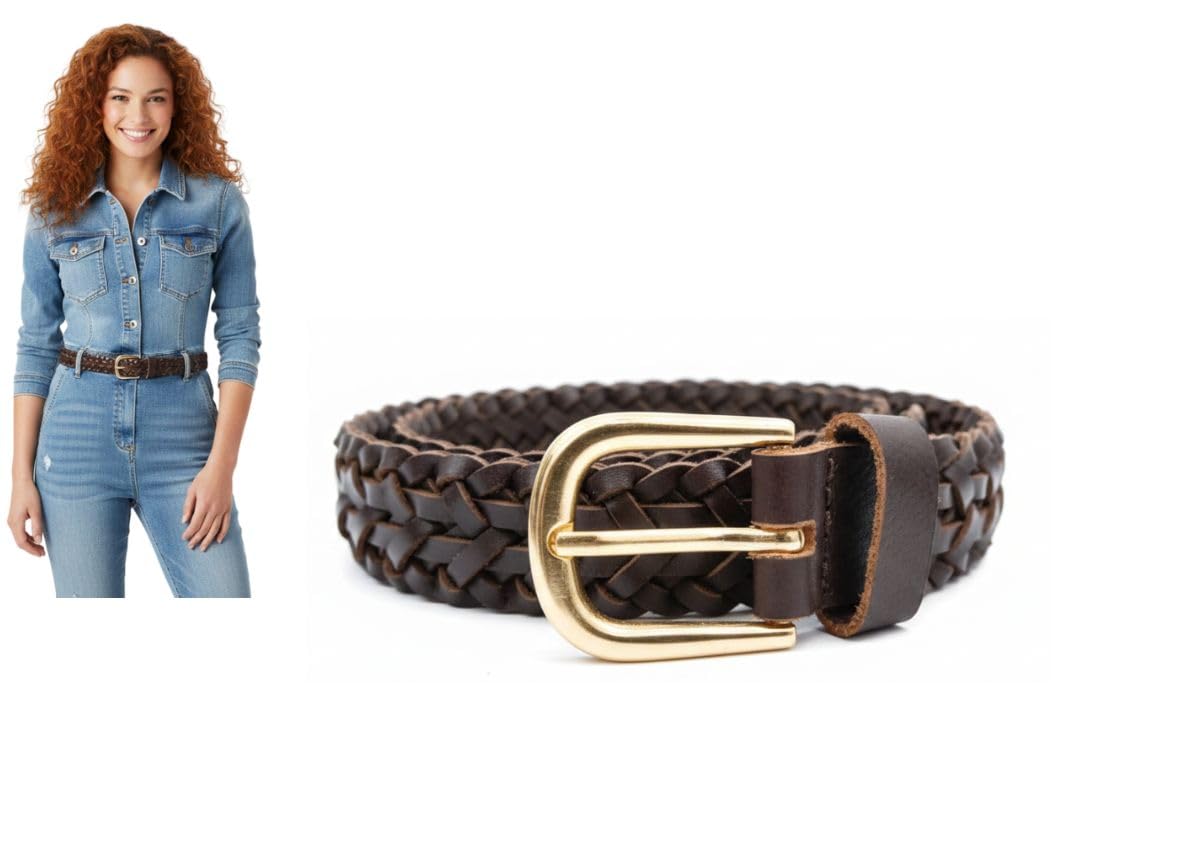 Women's Braided Genuine Leather Belt | 25mm Slim Woven Leather Belt for Women | Adjustable No Hole Stretch Belt | Casual Formal Office Wear Jeans Trouser Belt | Black Brown-image-26