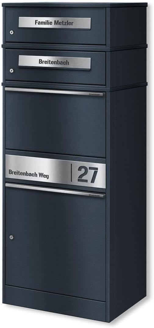 Metzler Paketbox mit 2 Briefkästen – 2er Briefkasten mit Paketfach & Namensgravur, Personalisierte Blenden aus Edelstahl – großer Outdoor Paketbriefkasten – RAL 7016 Anthrazitgrau - Modell Bispo