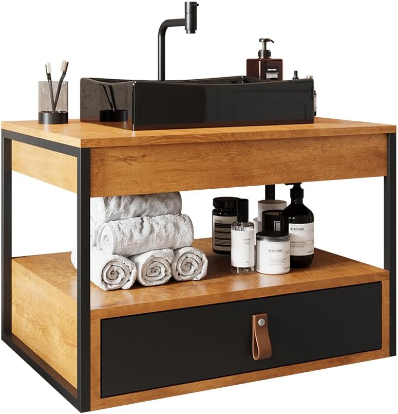 Gabinete para Banheiro Harley 1 Gaveta e Cuba Dalla Preta (Preto/Canela/Preto)