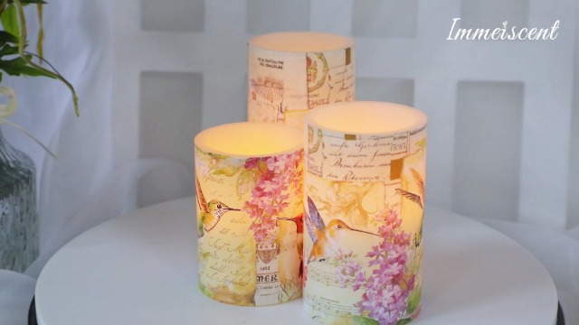 Image of Flameless Candles Pink Hummingbird Floral Battery Operated with Remote Flickering LED Real Wax Pillar Candle Warm Light Spring Summer Decor for Home Fireplace Christmas Holiday Gifts