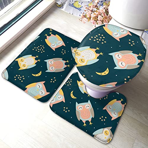 DIRYKILP Badematte + Konturmatte + Toilettendeckelbezug, Süße schlafende Eule 3 Stück Badematte Set, mit rutschfester Unterseite