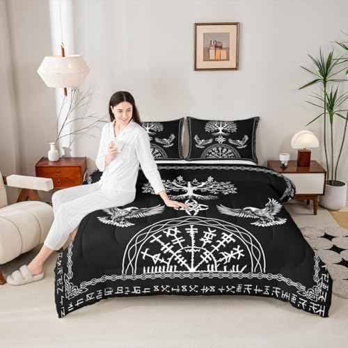 Image of Feelyou Kids Black Viking Sacred Tree Bedding Set Queen Size, Boho Comforter Set Boys Girls Tree of Life Duvet Insert Teens Bedroom Decor Bed Set 3Pcs
