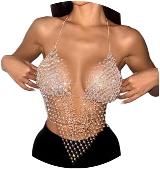 Rhinestone Mesh Halter Tank Top Sexy Crystal Fringe Hollow Fishnet Backless Jewelry for Women Rave Nightclub Crop Top
