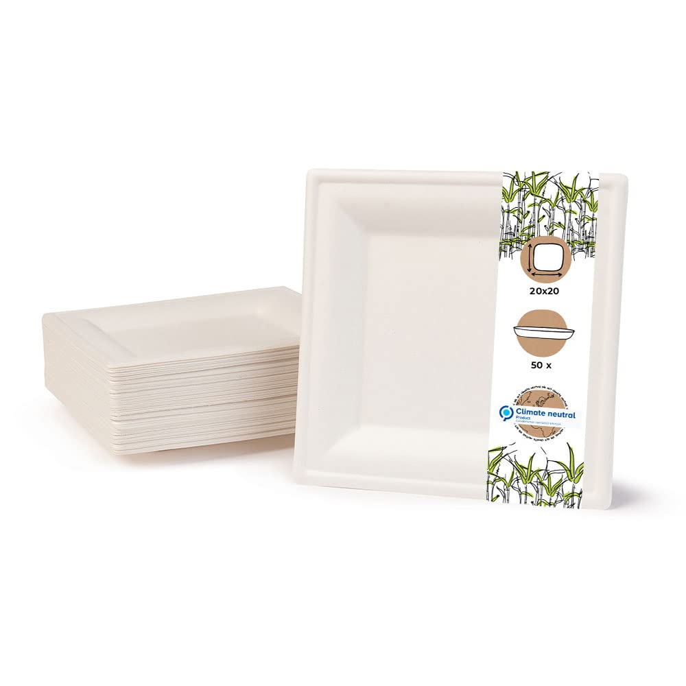 BIOZOYGEnvironmentally Friendly Disposable Bagasse cockery Set | 50 Pieces whitely Bleached Square Sugar Cane Plate of 20x20 cm. Bio Disposable Bowls, Disposable Party Plates and Bowls